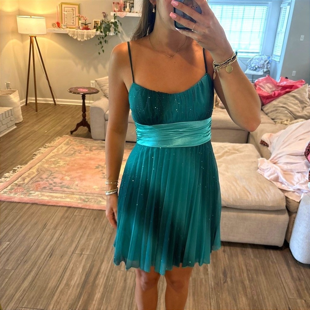 y2k sparkly Cocktail Dress Green Ombre Glitter Mesh Satin Sash